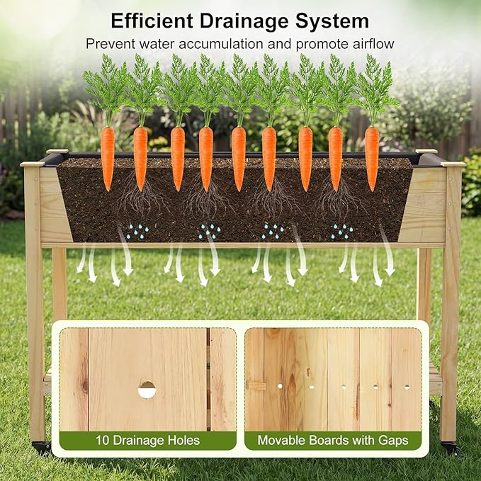 COSTWAY Pine Wood Raised Garden Bed 47 x 23 x 33 Elevated Planter Box with Storage Shelf Lockable Wheels Liner Drainage for Vegetables Flowers Herbs Yard Balcony
