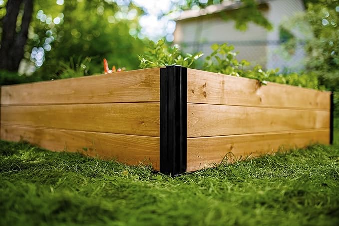 Vita Mezza 4 Foot x 4 Foot x 11 inch Cedar Wood Modular Garden Bed with Black Aluminum Posts FSC Woodgrain Golden Brown Pre-Stained VT17703