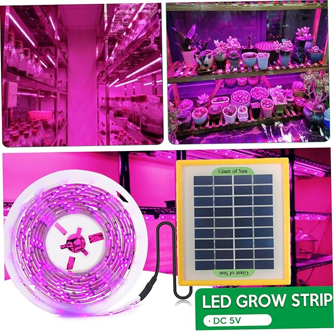 Solar Powered Grow Lights 16.4ft Plants Light Strip with Solar Panel Full Spectrum Fast Heat Dissipation Heat Lamp Grow Lights for Greenhouse