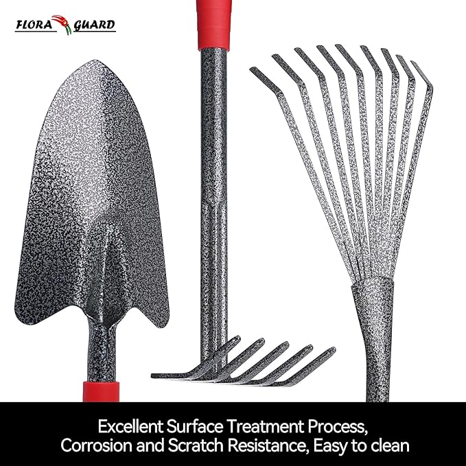 FLORA GUARD 6-Piece Garden Tool Set Heavy Duty Gardening Hand ToolsIncludes Trowel Rake 2-in-1 Hoe &amp Crack Weeder Durable Yard Gardening Tools Ideal Gardening Gift for Men &amp Women