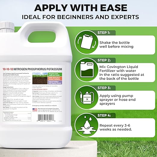 Covington 10-10-10 NPK Liquid Fertilizer (32oz) All Purpose Liquid 10 10 10 NPK - Lawn Food with Nitrogen Phosphorus Potassium Concentrate for Lawns Outdoor &amp Indoor Plants Vegetable Gardens