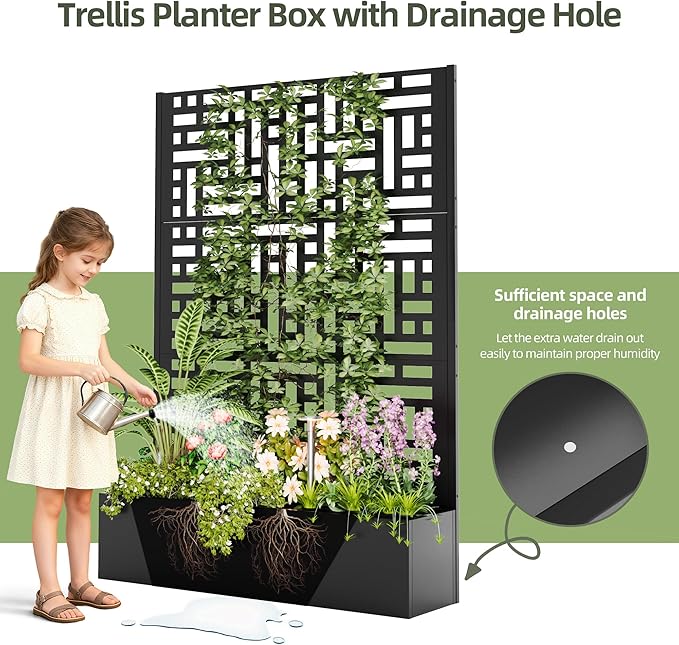 Metal Planter with Trellis 70 x 43.3 x 16 Metal Raised Garden Bed Planter Box with Trellis Privacy Screen Planter Box for Climbing Plants Flowers Vegetables Fruits (1)