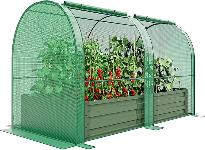 SPECILITE Raised Garden Bed with Mini Greenhouse Galvanized Metal Planter Box Kit with PE Cover 2 Roll-Up Doors for Ventilation Gardening Set for Outdoor Growing Vegetables Herbs Fruit &amp Flow