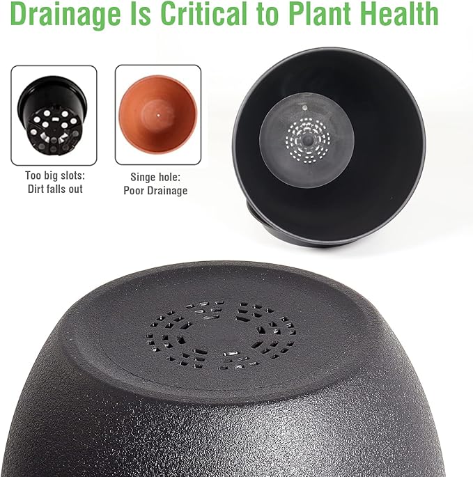 WOUSIWER Plant Pots 10/9/8 inch Set of 3 Modern Decorative Plastic Planters with Drainage Holes and Saucers for House Plants Indoor Flowers Plants Black