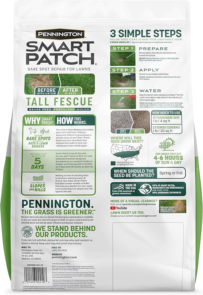 Pennington Smart Patch Tall Fescue 10lb 200 sq. ft. Grass Seed Bare Spot Repair with Mulch and Fertilizer