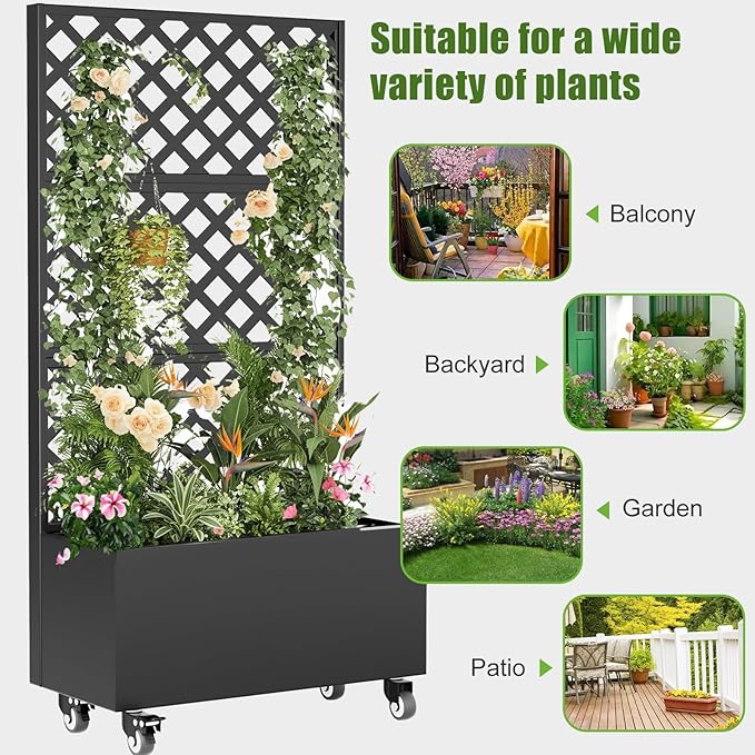 Metal Planter Box with Trellis and WheelsRaised Garden Bed with Trellis72 Tall Privacy Screen with Planter Box and Drainage HolesPlant Trellis for Climbing Plants OutdoorVegetablesVines