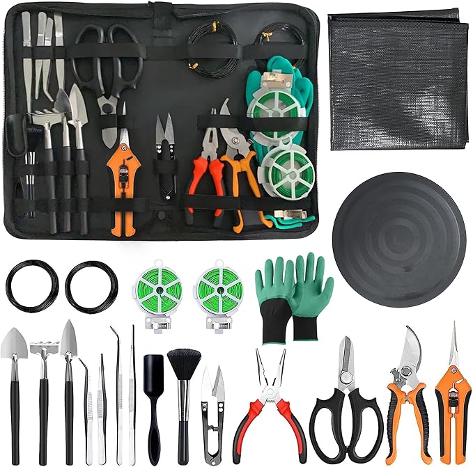 Bonsai Toolkit - Mini Garden Tools Bonsai Wire Kit Repotting Mat for Indoor Plants Bonsai Tools Succulent Tools Bonsai Tree Kit Tools for Beginners Bonsai Turntable Transplanting Tool
