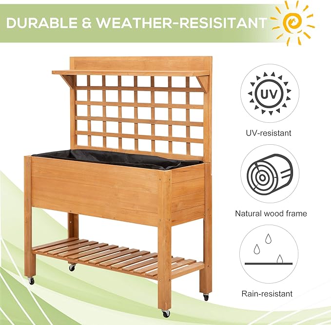 Outsunny 41 Raised Garden Bed with Trellis on Wheels Wooden Elevated Planter Box with Legs and Bed Liner for Flowers Herbs &amp Vegetables Brown