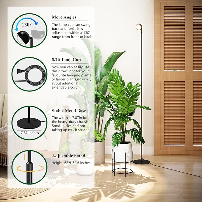 Standing Grow Light with Timer 4/8/12H 20W Full Spectrum Vertical Grow Lights for Indoor Plant Growing Wide Coverage 5.24FT to 6.88FT Height Adjustable Ideal for Large Tall Plants