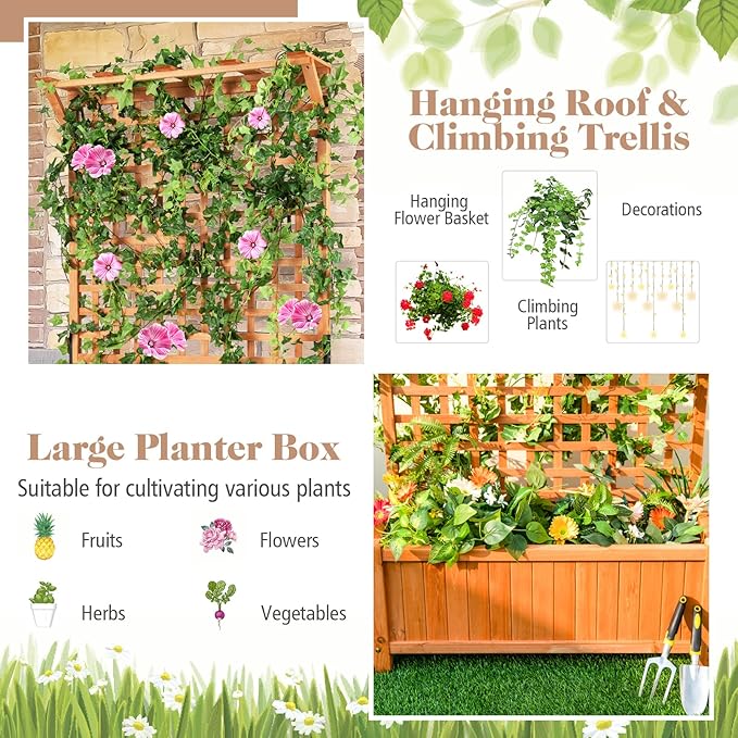 Wooden Planter Box with Trellis 72.5” Freestanding Garden Planter w/Hanging Roof 4 Drainage Holes &amp Lattice Panel Raised Garden Bed with Trellis for Vine Climbing Plants Flowers (2)