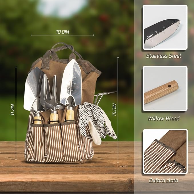13-Piece Garden Tools Set with Tote Bag &amp Apron Repotting Mat - Stainless Steel Heavy Duty Planting Kit Ergonomic Non-Slip Handles - Gardening Gift for Women Mom Home Gardeners