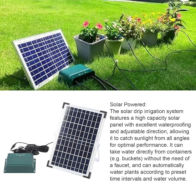 Solar Automatic Drip Irrigation Kit 18V 10W Polycrystalline Silicon Solar Powered Auto Watering Gardening System for Indoor Outdoor Plants Gardens Balconies Terraces