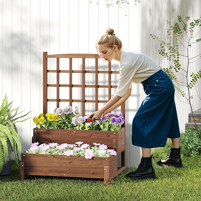 Byroce Outdoor Raised Garden Bed Garden Planter Box with Lattice Trellis Legs &amp Drainage Hole 2-Tier Standing Elevated Planter for Flower Fruit Vegetable &amp Climbing Plants in Patio Balco