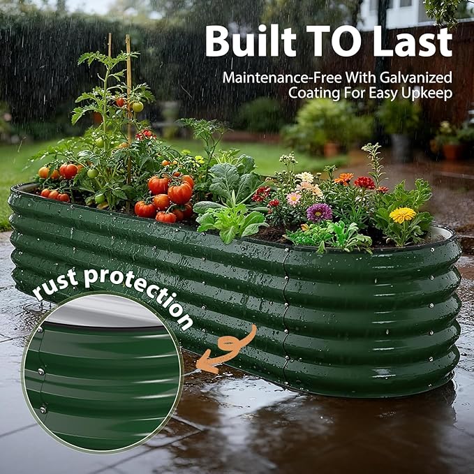8x2x1.5 ft Galvanized Steel Raised Garden Bed Raised Garden Bed Kit Galvanized Planter Box Outdoor 18 Tall Oval Large Metal Raised Bed for Gardening Vegetables Flower Herb (Moss Green)