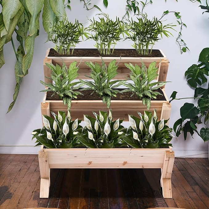 3 Tiers Wooden Vertical Raised Garden Bed with LegsPlanter Raised Beds Kit for Flowers Herbs Vegetables Natural
