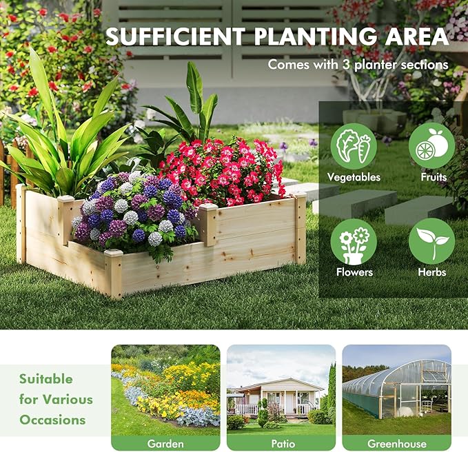 S AFSTAR 3-Tier Raised Garden Bed Outdoor Elevated Planter Box for Vegetable Fruit Herb Flower Solid Fir Wood Planter Kit with Open-Ended Base Gardening Planter for Garden Yard Lawn Backyard