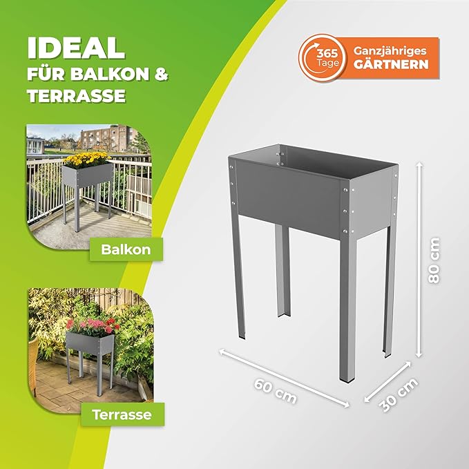Bio Green Metal Raised Garden Bed Freising-L with Drainage | Small Galvanized &amp Powder-Coated Outdoor Planter Box with Legs for Herb Garden Flowers Vegetables Patio | 24x12x31.5 inch Anthracit