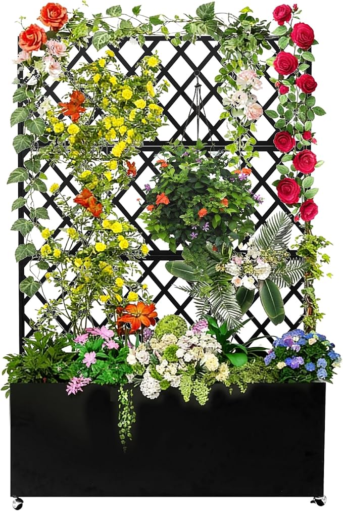 Galvanized Steel Raised Garden Bed with Trellis &amp Privacy Screen - 71 in x35 in x16 in Planter Box with Lockable Casters &amp Drainage Holes for Vines Vegetables On Patio Deck or Yard Black