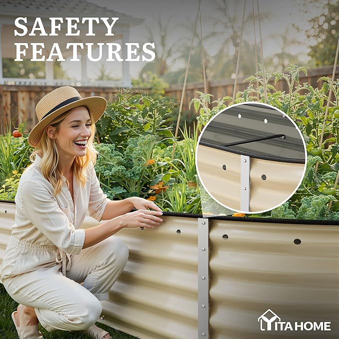 YITAHOME 17 Tall 6 in 1 Large Raised Garden Bed Kit 6.5x2x1.4ft Galvanized Metal Planter Box with Gloves &amp Safety Rubber Outdoor Above Ground Planters for Plants Vegetables Flowers Cream Yello