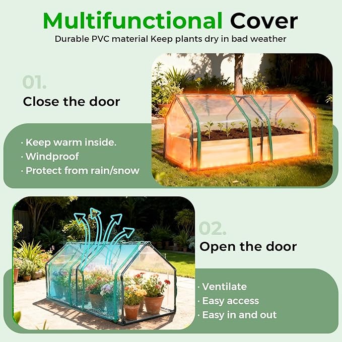 4x2ft Raised Garden Bed with Greenhouse CoverWooden Planter Box with Clear PVC Cover &amp Dual Roll-Up WindowsOutdoor Elevated Garden Box for Vegetables/Herbs/FlowersPatioBalconyBackyard