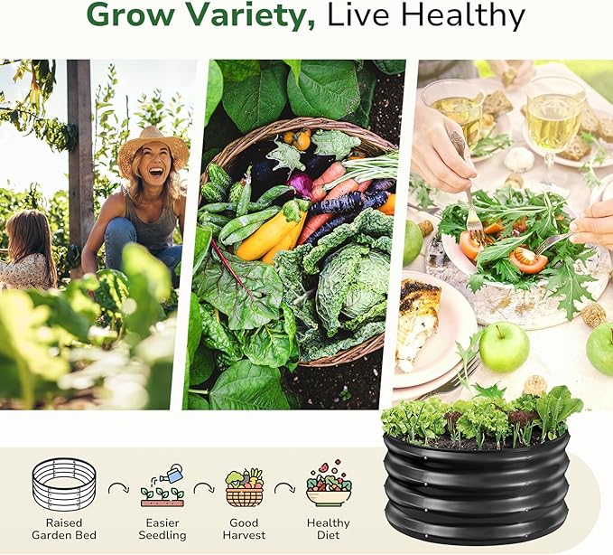 GreatBuddy 2x2x1 ft Round Galvanized Raised Bed Easy-Assembly Raised Garden Bed with Anti-Cut Gloves &amp Tools Rust-Proof Garden Bed for Outdoor Vegetables Herbs Small Trees Black