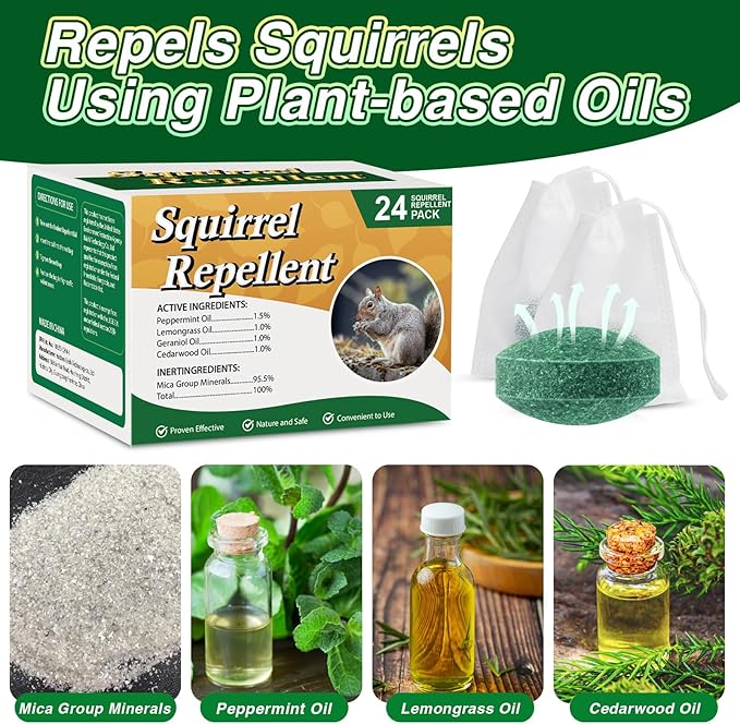 24 Pack Squirrel Repellent Balls - Peppermint Oil Squirrel Deterrent for Attic &amp Outdoor Squirrel Repeller for Car Engines Garden &amp Indoor Use