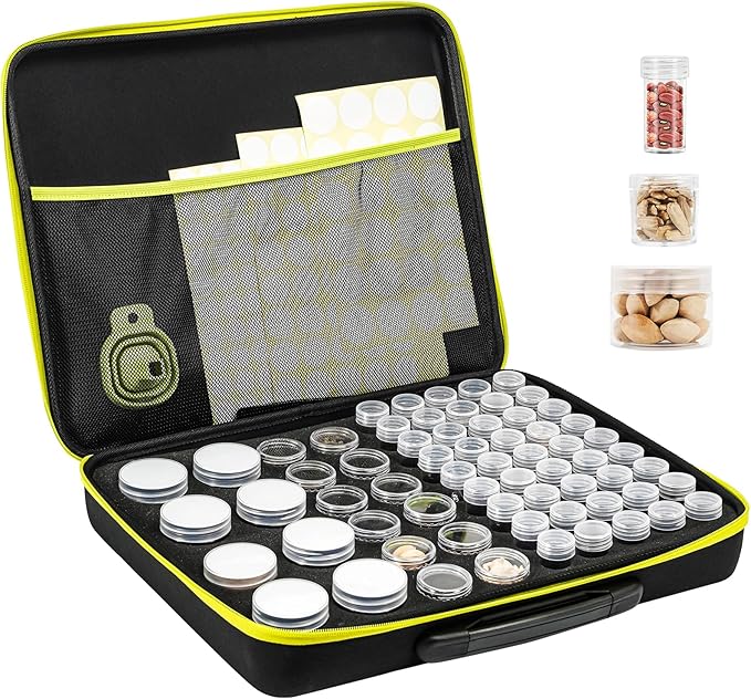 ProCase 65 Slots Seed Storage Organizer Sorter Box Sturdy Seed Bank Saving Kit Container for Garden Vegetable Plant Flower Seed Keeper Set with Label Stickers Funnel 3 Size of Bottles 1 oz 3 oz 5 oz