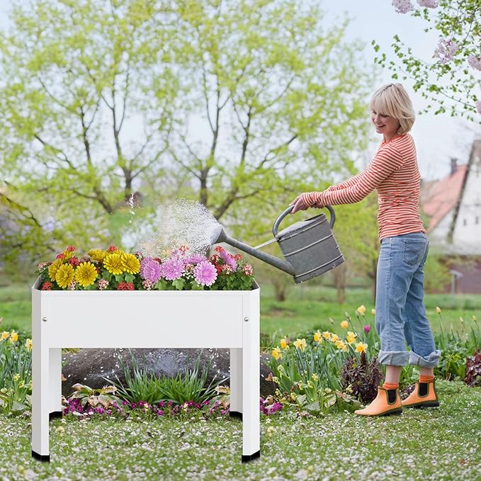 Raised Garden Bed with Detachable Legs Elevated Metal Planter Box for Growing Fresh Herbs Vegetables Flowers Succulents&ampOther Plants for Outdoor Backyard Patio Deck Balcony White S