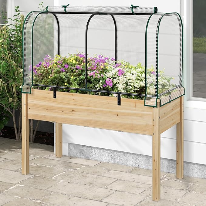 Happygrill Raised Garden Bed with Greenhouse Cover Raised Bed with Legs &amp Drainage Holes for Herbs Vegetables Outdoor Wood Elevated Planter Box for Patio Backyard Balcony (White+Natural)