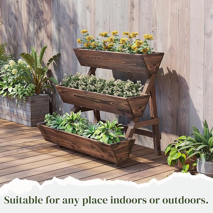 3-Tier Wooden Vertical Raised Garden Bed with Legs Tiered Planter Box Vertical Garden PlanterWood Plant Stand Wood Flower Rack for Patio Balcony Freestanding. (Carbonized-Large)