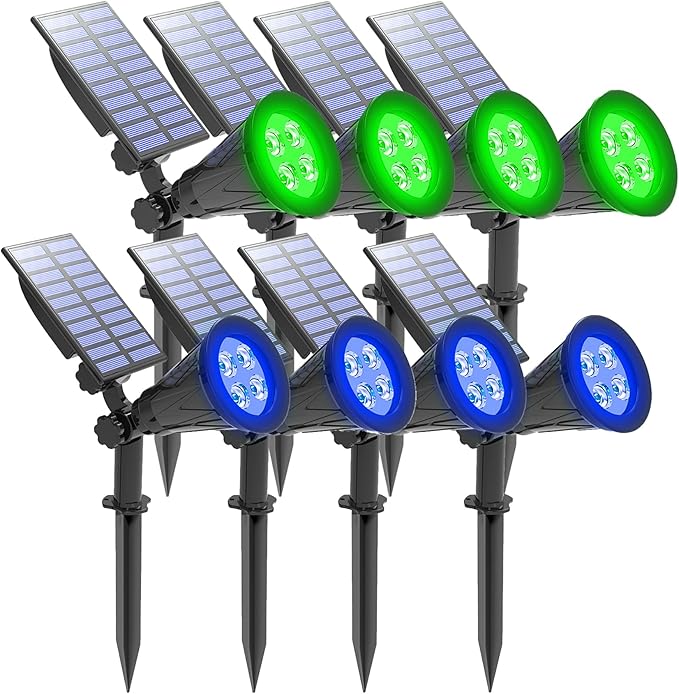 T-SUNUS 8 Pack Green Blue Solar Landscape Spotlight Solar Lights IP65 Waterproof 4 LED Wall Light Auto-on/Off Security Light Landscape Light for TreePatioYardGardenDrivewayPool Area
