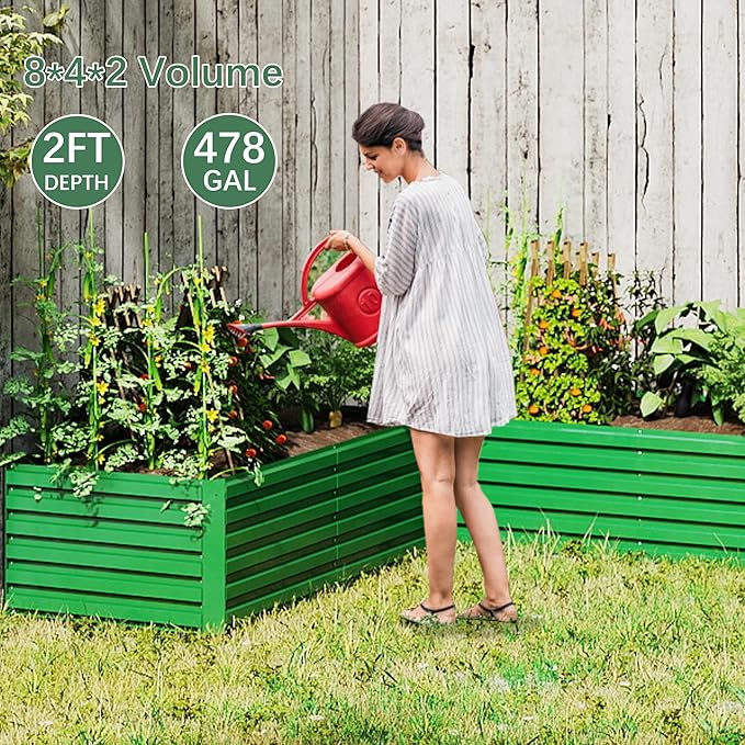FOOWIN 2pcs 8x4x2ft Galvanized Raised Garden Bed Planter Raised Garden Boxes Outdoor Large Metal Raised Beds for Gardening Garden Bed for Vegetables Flowers Herb478 Gallon Capacity Green