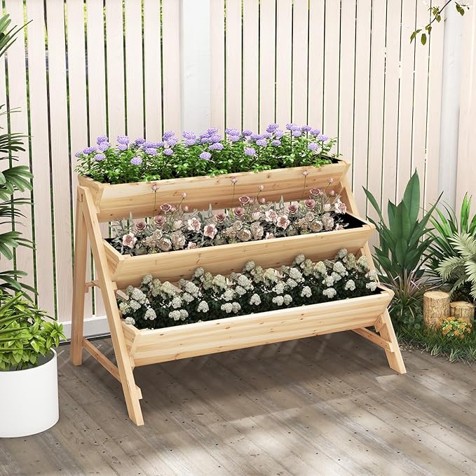 3 Tiers Raised Garden Bed Wooden Garden Bed Elevated Garden Planter with Storage Shelf Bed Liner &amp 2 Hanging Hooks Fir Wood Vertical Planter Bed for Patio Yard Balcony &amp Deck