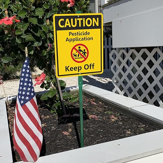 SmartSign 12 x 10 inch “Caution - Pesticide Application Keep Off” LawnBoss Yard Sign with 3 foot Stake 40 mil Laminated Rustproof Aluminum Red Black and Yellow Set of 1 Made in USA