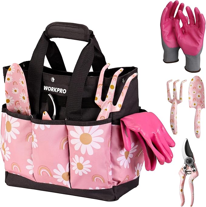 WORKPRO 5PCS Gardening Tools Aluminum Heavy Duty Garden Tool Set with Bag Ideal Gardening Gifts for Women-Pink Ribbon