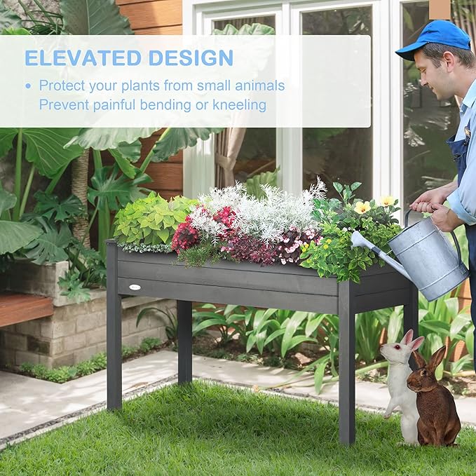 Outsunny Raised Garden Bed with Legs 48 x 22 x 30 Elevated Wooden Planter Box Self-Draining with Bed Liner for Vegetables Herbs and Flowers Backyard Patio Balcony Use Dark Gray