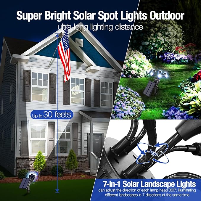 Solar Spot Lights Outdoor 1000LM IP68 Waterproof Solar Lights Outdoor with 7x360° Adjustable Metal Hose 4 Lighting Modes Spotlights for Garden Pathway Yard Landscape 4 Pack (Cool White)