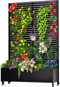Metal Planter Box with Trellis 72.1x47.2x16 Outdoor Galvanized Raised Garden Bed with Privacy Screen &amp Drainage Holes &amp Lockable Casters for Climbing Plants Vegetable (Louvered-Black1)