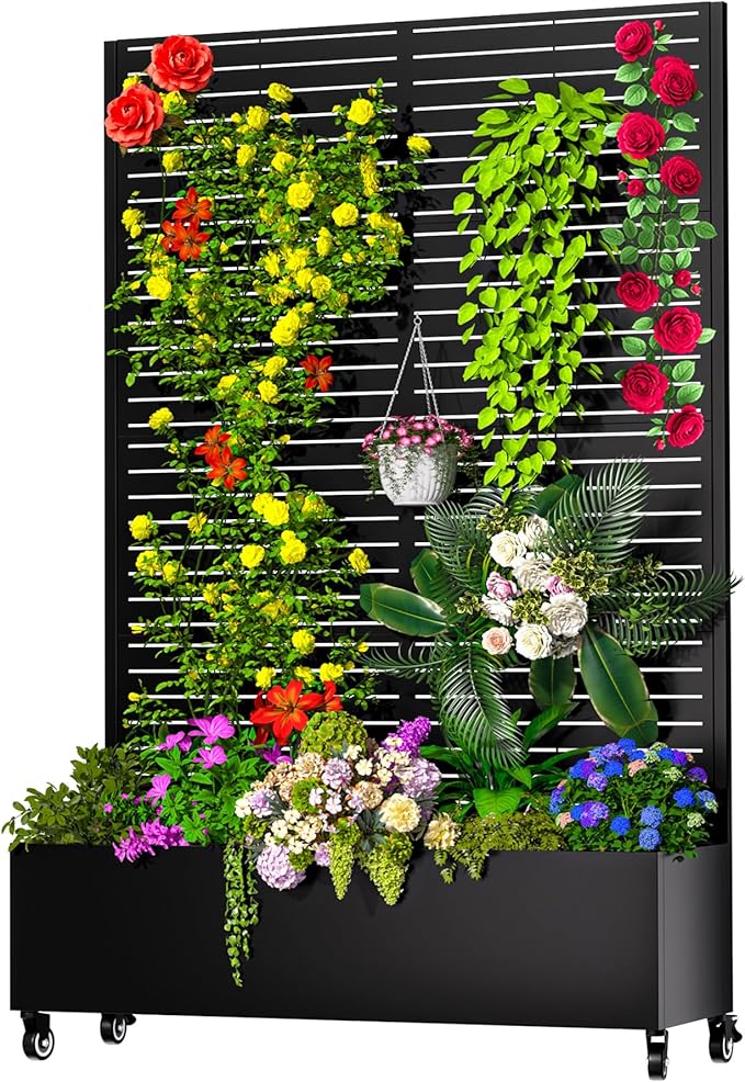 Metal Planter Box with Trellis 72.1x47.2x16 Outdoor Galvanized Raised Garden Bed with Privacy Screen &amp Drainage Holes &amp Lockable Casters for Climbing Plants Vegetable (Louvered-Black1)