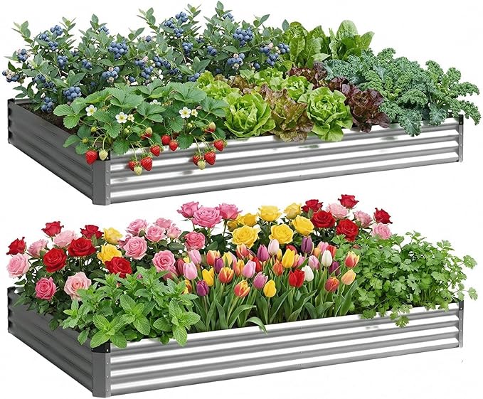 2PCS 6x3x1 FT Rectangle Metal Raised Garden Bed Kit Elevated Garden Planter Box Outdoor Large Planters for Outdoor Plants Flower Vegetables Fruit Herbs (Silver)