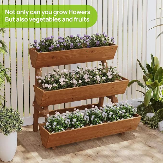 3-Tiers Wooden Raised Garden Bed Tiered Planter Box Flower Pots Vertical Garden Planter Wood Plant Stand for Vegetables Flowers Herbs for Patio Balcony Freestanding (Brown L)