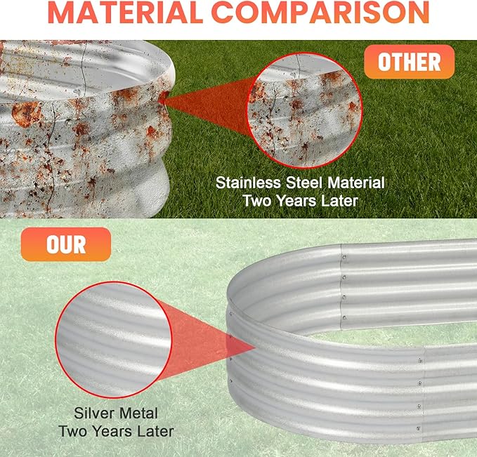 PayLessHere 6x3x1FT Galvanized Garden Bed Outdoor Elevated Raised Garden Bed Vegetables Flowers Garden Bed Galvanized Steel Garden Planter Box Oval Raised Bed Kit Silver