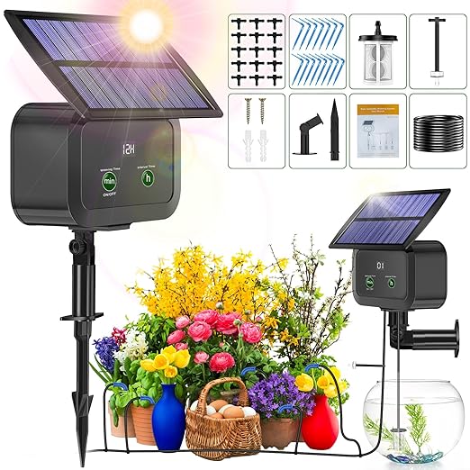 LCD Display Solar Drip Irrigation System Kit 30 Working Modes &amp 10 Watering Interval Solar Powered Drip Irrigation Kit Supports 15 Potted Plants 2200mAh Automatic Watering System for Garden