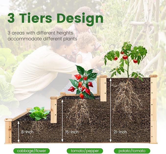 COSTWAY 3-Tier Raised Garden Bed Wooden Elevated Planter Box for Vegetables Flowers Herbs Fruits Outdoor Growing Planter Box Stand for Garden Backyard Patio Balcony