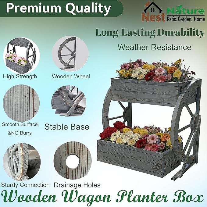 Wooden Wagon Garden Planter Box with Wheels-Indoor/Outdoor Decor for Patio Backyard Balcony-Country Farmhouse Flower Box-2 Tier Rustic Garden Raised Bed for Flowers Herbs Vegetables