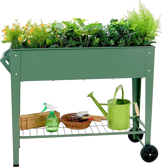 Raised Garden Bed with Legs and Wheels Removable for Outdoor 31.6 * 14.6'' Metal Planter Raised Box for Growing Vegetables Herb Flower in Patio (Green)
