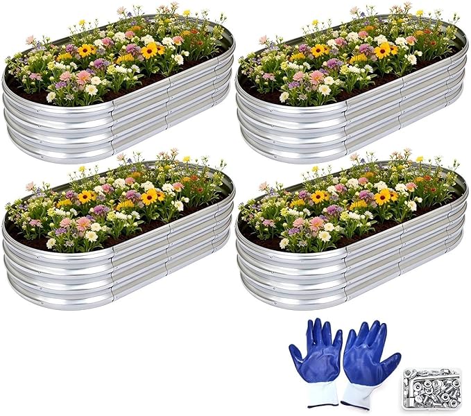 Raised Garden Bed Outdoor Galvanized Planter Boxes Oval Large Metal Raised Garden Beds for Vegetables 4×2×1ft4pack
