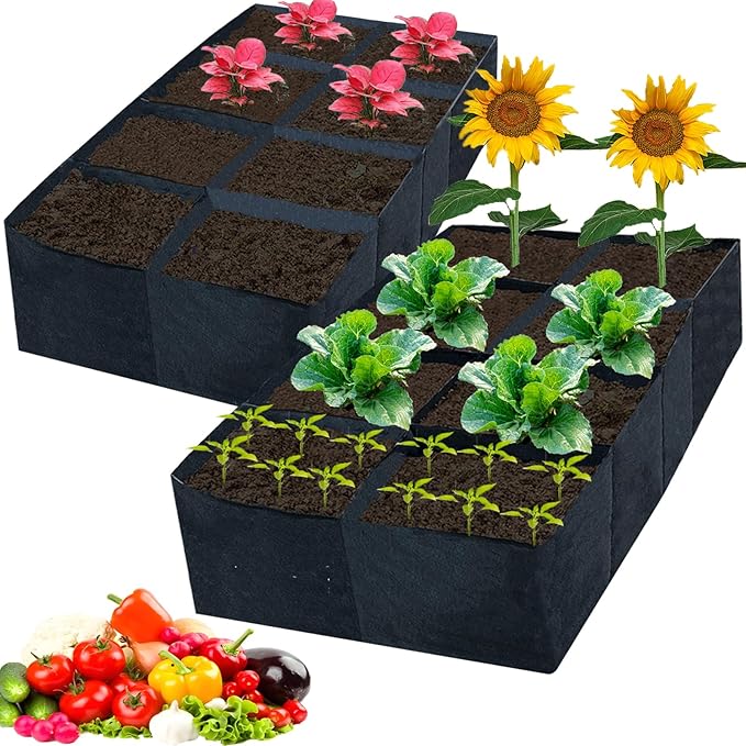 2 Pack Fabric Raised Garden Beds128 Gallon 8 Grids Thickened Rectangle Plant Grow BagsReusable Outdoor Gardening Planting Container Planter Pot for Growing Herbs Flower Gardening Vegetables Chillies