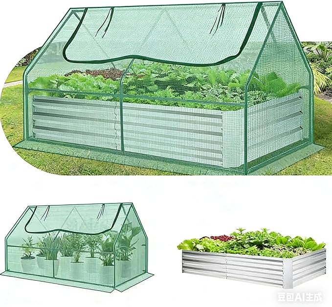 SEJOV 6x3x1ft Galvanized Raised Garden Bed with Cover &amp 2 Large Windows Mini Greenhouses for Outdoors Metal Planter Box Kit for Vegetables Flowers Herbs 1 Pair of Gloves Included Green