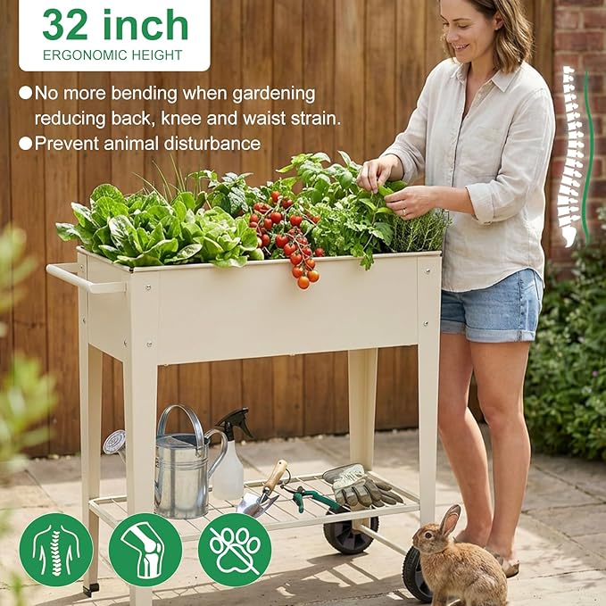 Elevated 32 Tall Raised Garden Bed with Legs and Wheels for Mobility Metal Planter Boxes Outdoor with Shelf Raised Bed for Gardening Vegetables/Herbs Backyard Patio Balcony White